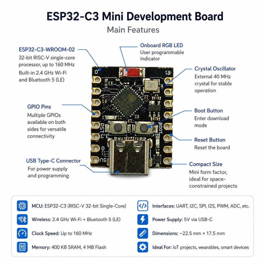 Diagram of ESP32-C3 Mini Development Board with labeled features (USB-C, GPIO pins, LED, boot/reset buttons, crystal oscillator)