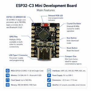 Diagram of ESP32-C3 Mini Development Board with labeled features (USB-C, GPIO pins, LED, boot/reset buttons, crystal oscillator)