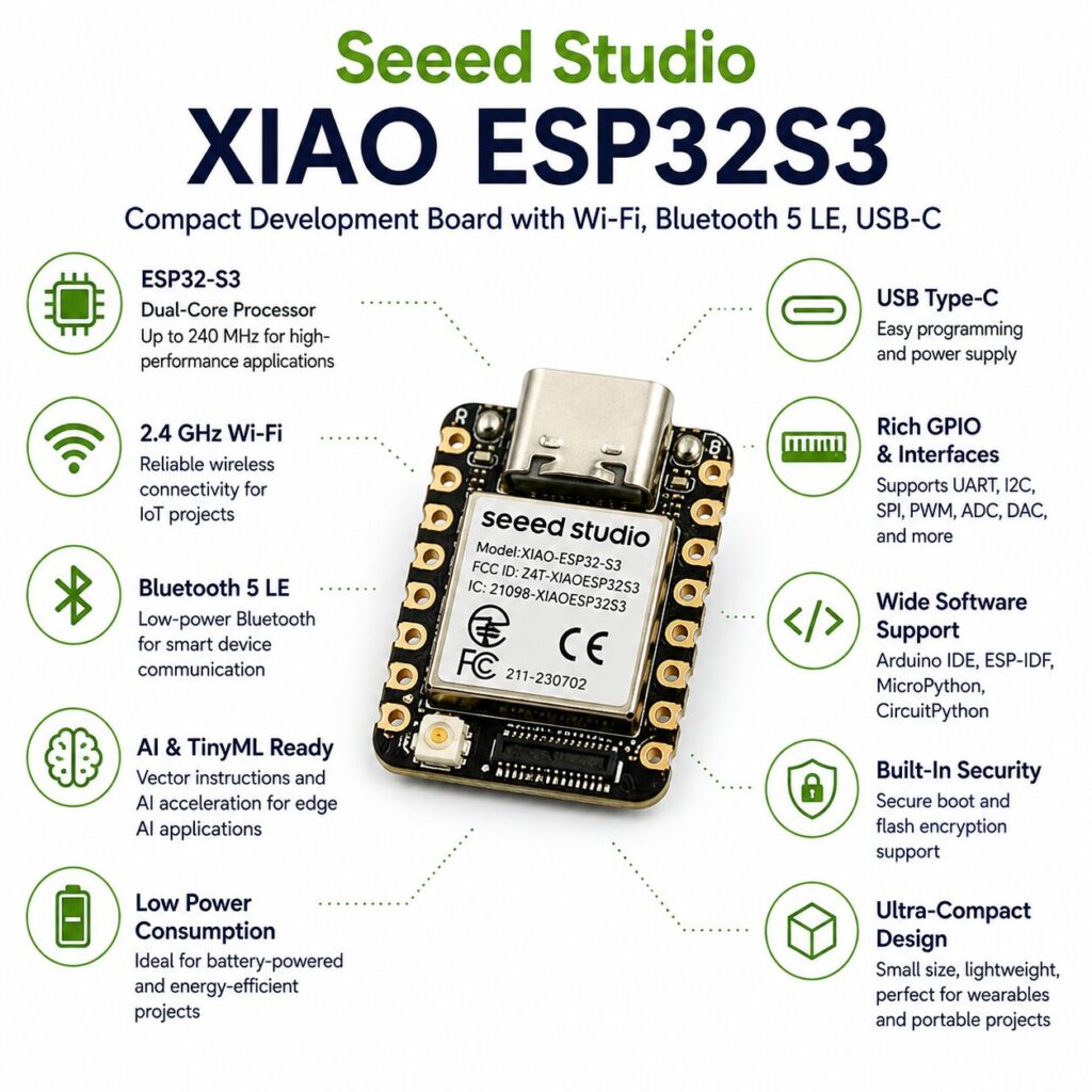 Infographic for Seed Studio XIAO ESP32S3 board with features like Wi‑Fi, Bluetooth 5 LE, USB‑C, GPIO and AI readiness