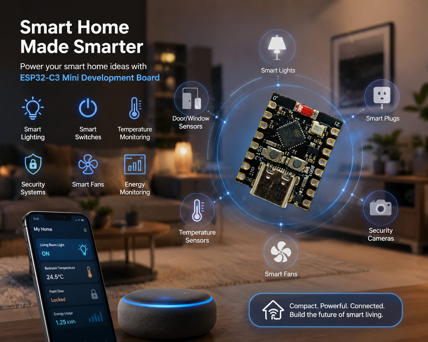 smart-home-application - Vihaan IoT Gateway ESP32‑C3 mini development board at center with surrounding icons for Smart Lighting, Plugs, Sensors, Cameras, and a mobile app controlling the home